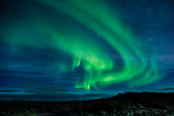 Northern lights over Hvassahraun lava field